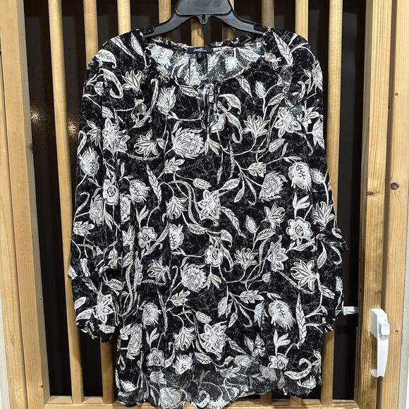 Angels Forever Young Blouse Womens 3X Black White Floral Peasant Top Boho Sheer - Picture 1 of 7